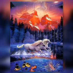 Cavalli bianchi al galoppo nel fiume montano diamond painting strass lucenti