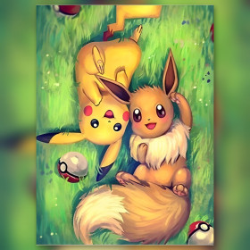 Diamond painting Pikachu and Eevee lying on grass with shiny rhinestones