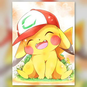 Smiling Pikachu with red cap shiny rhinestones diamond painting
