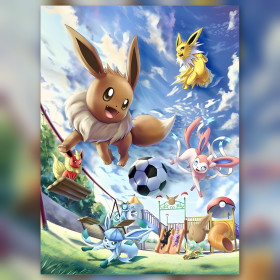 Eevee and evolutions diamond painting playing soccer under blue sky