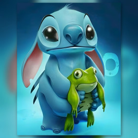 Blauwe Stitch met groene kikker glanzende steentjes diamond painting