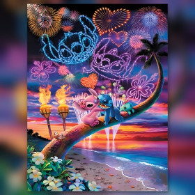 Stitch and Angel on palm tree with neon fireworks diamond painting