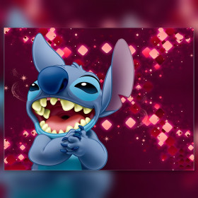 Mischievous laughing Stitch on sparkling pink diamond painting canvas