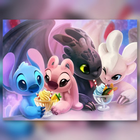 Diamond painting Toothless and Stitch eating colorful ice cream with shiny rhinestones