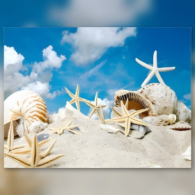 Diamond painting canvas seashells starfish sand beach blue sky sparkling rhinestones artwork