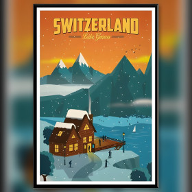 Vintage Switzerland diamond painting cabin lake mountains sparkling rhinestones