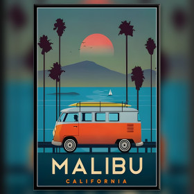 Diamond painting vintage Malibu California furgone arancione tramonto palme strass brillanti