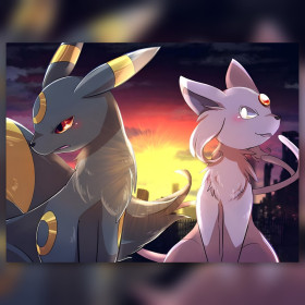 Umbreon and Espeon diamond painting sunset city sparkling rhinestones kit