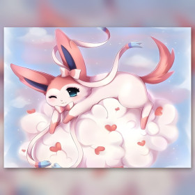 Pink Sylveon diamond painting on clouds with shiny heart rhinestones