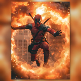 Diamond Painting Deadpool Anti-Held umgeben von Flammen glänzende Strasssteine