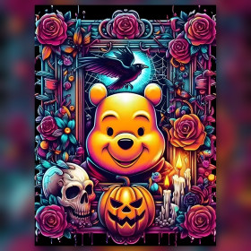 Diamond painting Winnie l'Ourson gothique Halloween roses citrouille crâne strass brillants