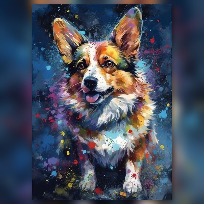 Corgi coloré diamond painting toile strass brillants art