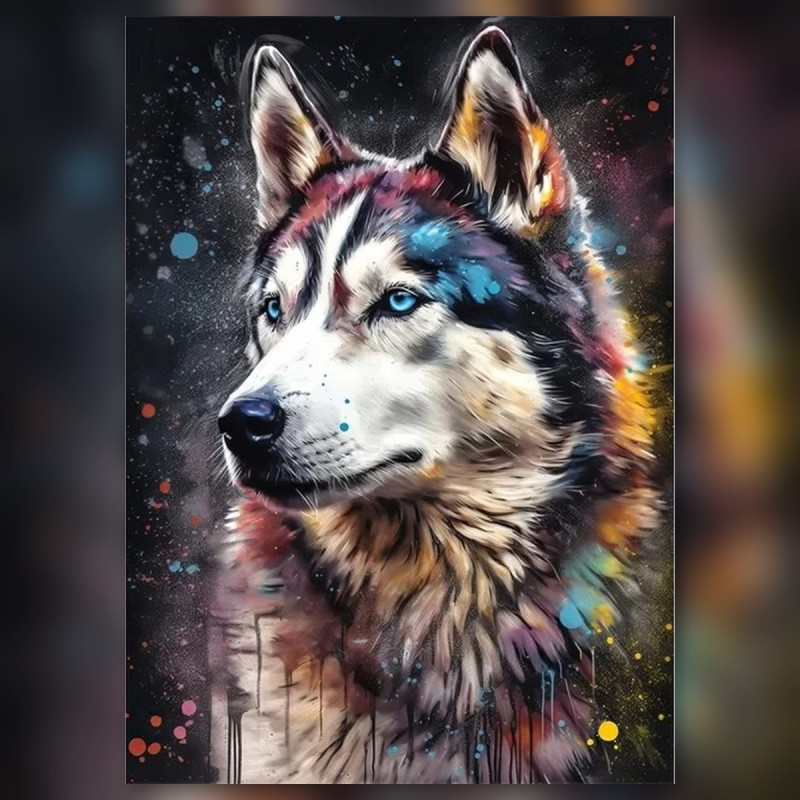 Diamond painting husky sibérien yeux bleus strass brillants colorés