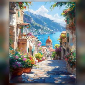 Amalfi diamond painting flowered stairs sparkling rhinestones sea view