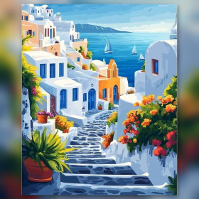 Diamond painting Santorin maisons blanches escaliers fleurs strass brillants