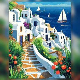 Diamond Painting Santorin weiße Klippen funkelnde Strasssteine blaues Meer