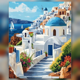 Diamond Painting Santorin blauer Kirchenweg funkelnde Strasssteine