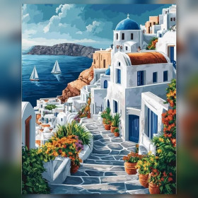 Diamond painting Santorini witte steegjes kleurrijke bloemen glinsterende strass