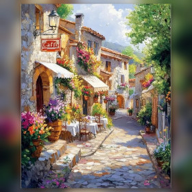 Italienisches Dorf Café Terrasse Blumen Diamond Painting Leinwand glänzende Strasssteine