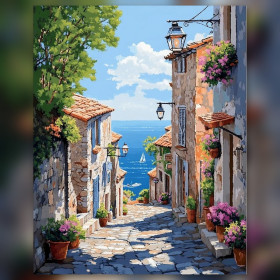 Diamond painting kustdorp afdaling naar zee glinsterende steentjes