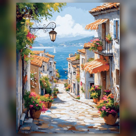 Riviera Südschatten Diamond Painting Leinwand glänzende Strasssteine mediterrane Gasse Blumen