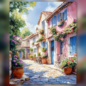 Maison rose volets bleus diamond painting strass brillants ruelle fleurie