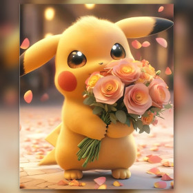 Pikachu met teder rozenboeket diamant schilderij glanzende steentjes