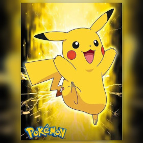 Gele Pikachu springend met gouden bliksem diamond painting glinsterende steentjes