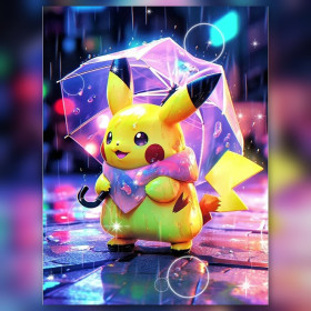 Pikachu pittura diamante sotto pioggia rosa con ombrello trasparente strass lucenti