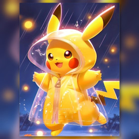 Pikachu im gelben Regenmantel im Regen Diamantmalerei glänzende Strasssteine