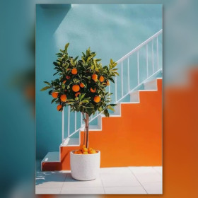 Potted orange tree white planter orange stairs blue wall diamond painting canvas