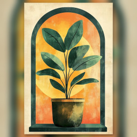 Plante verte texturée dans arche orange diamond painting strass brillants