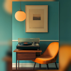 Vintage turntable and retro orange chair diamond painting canvas sparkling rhinestones