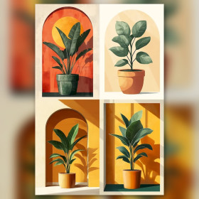 Diamond painting collage four green potted plants shiny rhinestones