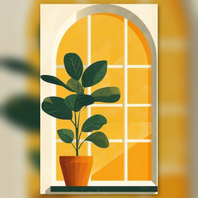 Minimalist green plant by orange window shiny rhinestones diamond painting