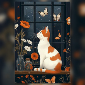 Weiß-rote Katze am Fenster mit Schmetterlingen Diamond Painting glänzende Strasssteine