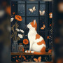 Chat blanc et roux à la fenêtre avec papillons diamond painting strass brillants