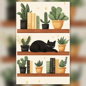 Chat noir endormi sur étagère cactus et livres diamond painting strass brillants