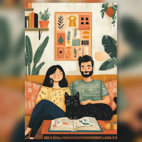 Diamond painting koppel leest boek met zwarte kat op bank glinsterende steentjes