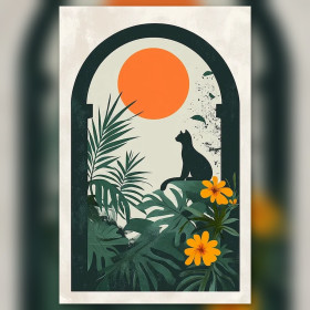 Chat noir silhouette arche tropicale soleil orange diamond painting strass brillants