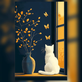 Chat blanc broderie diamant fenêtre coucher soleil strass brillants