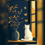 Chat blanc broderie diamant fenêtre coucher soleil strass brillants