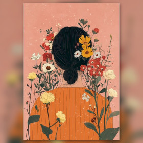 Diamond painting woman back view orange sweater flowers hair shiny rhinestones