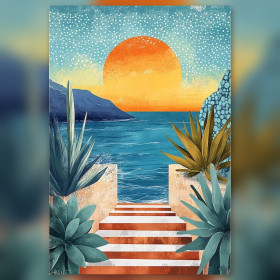 Diamond painting kit Escalier de marbre devant la mer au soleil couchant sparkling rhinestones on canvas