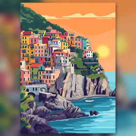 Kleurrijk Manarola dorp diamond painting met glinsterende strass steentjes