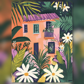 Maison rose avec feuillage tropical et fleurs blanches en diamond painting