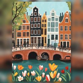 Diamond painting canaux Amsterdam vélos tulipes strass brillants
