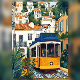 Tram giallo Lisbona diamond painting strass lucidi tela finita