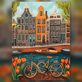 Oranje fiets tulpen Amsterdamse gracht diamant schildering glinsterende steentjes