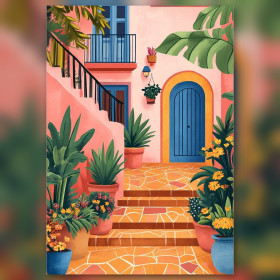 Scala fiorita casa rosa Grecia diamond painting strass lucenti